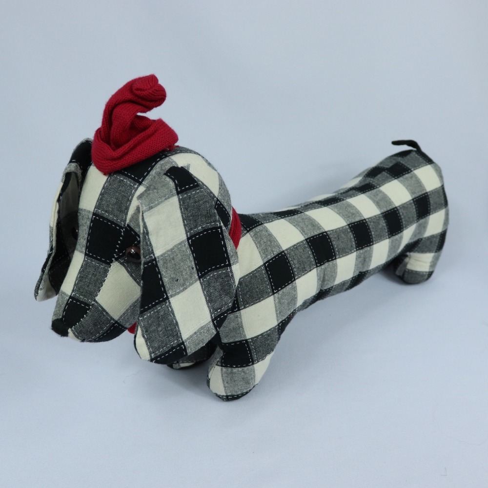 Mon Ami Dachshund Plush Dog Black White Gingham Check Weighted Door Stopper 18"